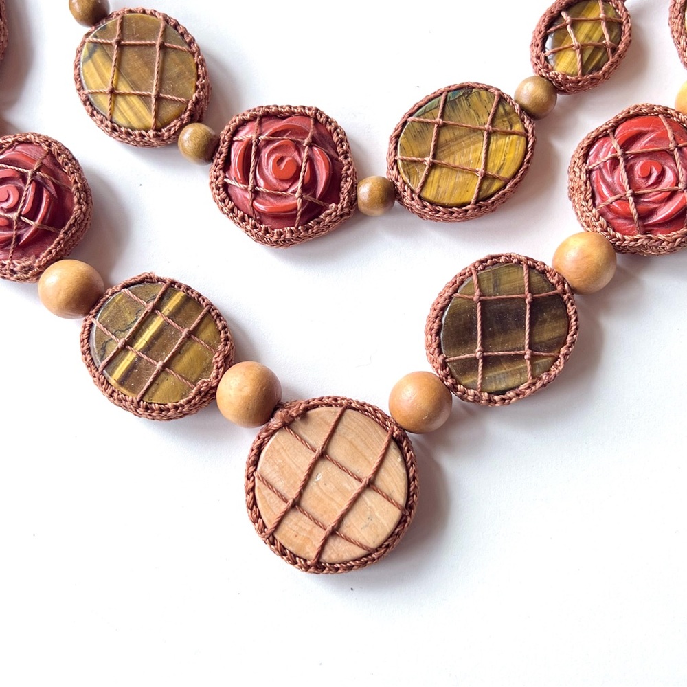Necklace Bracelet Jasper Tiger Eye Stone Wood Natural Artisan Designer Crafted